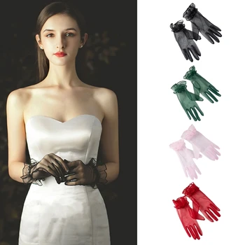 Ультратонкие прозрачные сетчатые перчатки, женские кружевные короткие тюлевые перчатки на полный палец, Однотонные эластичные варежки для свадебной вечеринки длиной до запястья