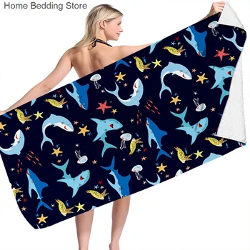 Банное полотенце с мультяшной акулой, пляжное полотенце для мальчиков и девочек 50x100 см, быстросохнущий солнцезащитный крем из микрофибры, одеяло для кемпинга